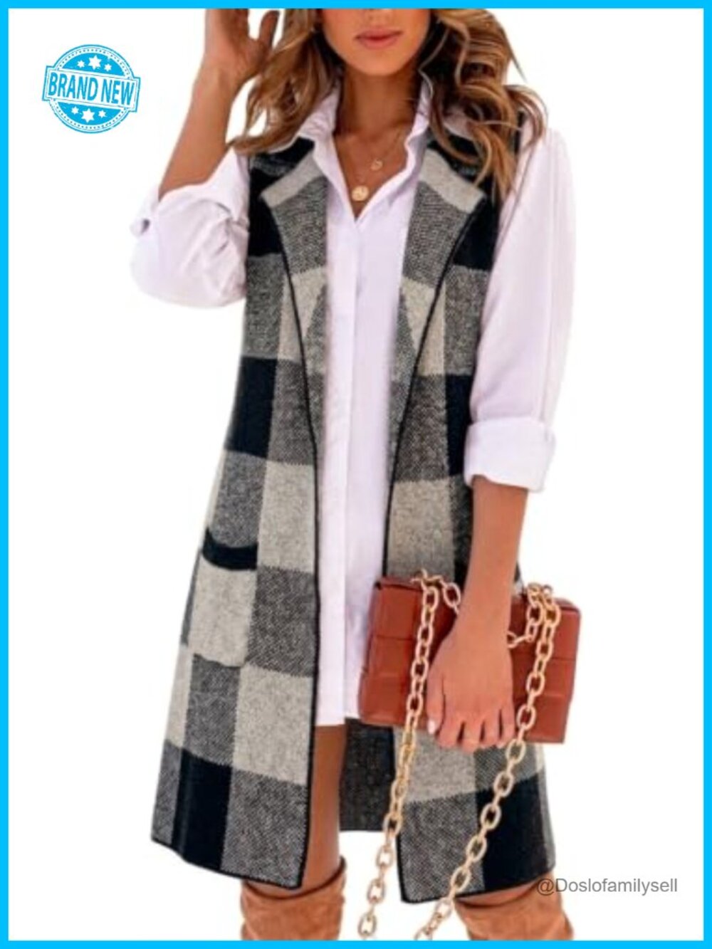 Long Plaid Sweater Vest Sleeveless Open Front Knitted Cardigan
